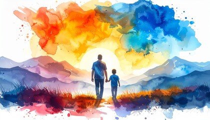 Fototapeta premium Inspirational Watercolor Father and Son Silhouette Walking Toward Mountains with Vibrant Artistic Landscape 