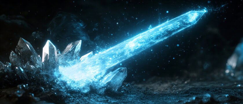 Glowing blue crystal sword emerging from dark mineral rocks, magical energy weapon radiating light and sparks in fantasy cosmic background