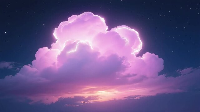 Majestic cinematic cumulonimbus cloud boiling softly with vibrant pink and neon magenta twilight colors.