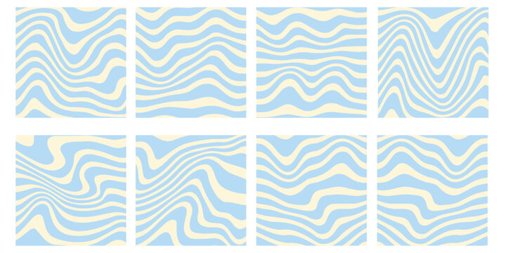 Retro wavy pattern set with pastel blue and cream swatches in groovy seventies style for abstract background layouts website wallpapers fashion textile prints or branding packaging