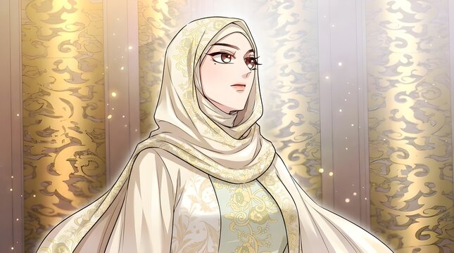 Elegant Anime Style Portrait of a Muslim Woman Wearing a White and Gold Floral Hijab and Traditional Gown Against a Glowing Golden Patterned Background