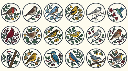 Set of 18 Flat Vector Icons of Birds on Branches with Flowers and Berries, Circular Vignettes on Cream Background, Nature and Wildlife Graphic Resource © Laila