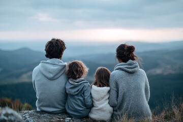Fototapeta premium A family of four sits on a rock, looking out at the view from a mountain. They are dressed in warm clothes. The sky is cloudy and the sun is setting in the distance