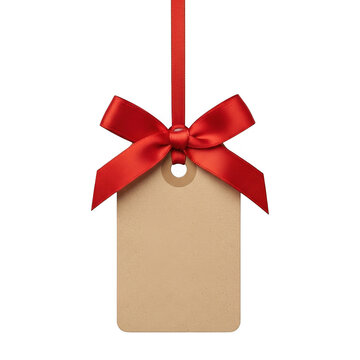 Blank brown paper gift tag with a shiny red ribbon bow
