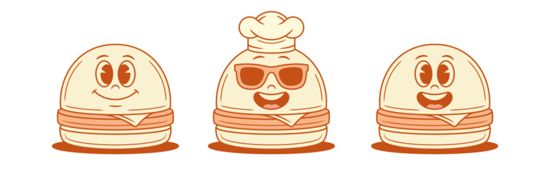 Happy burger cartoon character smiling set contoured vector flat illustration. Cheerful fast food hamburger minimalist mascot in chef hat and sunglasses cafe eatery comic personage