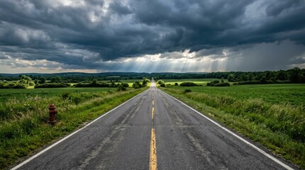 Fototapeta premium Halloween country road landscape dramatic stormy sky with sunbeams over rural farmland and asphalt highway