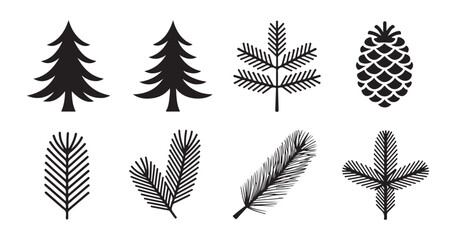 Spruce tree and conifer branch silhouettes with pinecone icons isolated on checked transparent background. © Sen