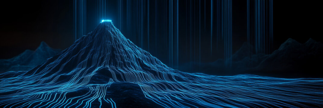 Abstract futuristic digital landscape with a mountain made of glowing blue data streams and light particles on a dark background