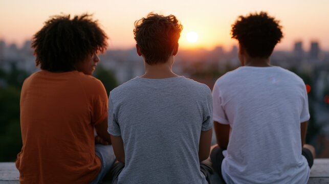 Three young friends with curly hair sitting on a ledge, watching the sunset over a city skyline, showcasing camaraderie and connection during International Friendship Day