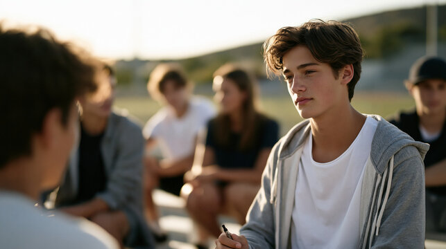 A circle of teenagers on bleachers passes a vape pen, one figure mid-refusal with jaw set and eyes steady, summer sports field glowing behind them, perfect for peer pressure,