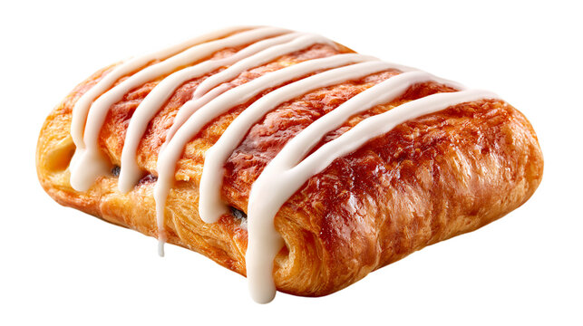 A chocolate filled pastry topped with icing on transparent background sweet bakery food danish croissant buttery