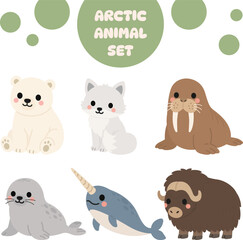 Fototapeta premium Cute Arctic Animal Set Flat Vector Illustration
