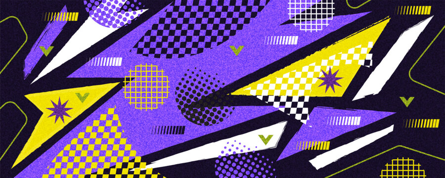 Abstract Background in Memphis Style With Geometric Shapes and Texture Effects. Retro Memphis Style Sports Banner or Poster Design