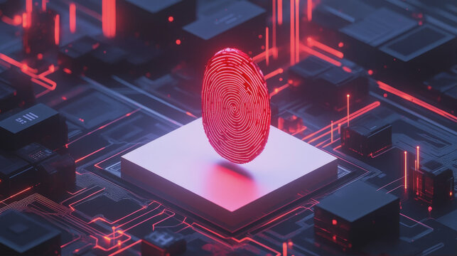Biometric security concept with a glowing red fingerprint on a computer microchip and circuit board