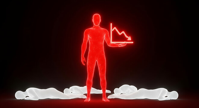 Glowing red silhouette holding a falling financial graph chart