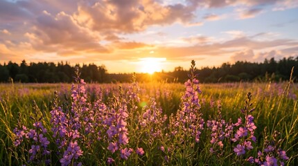 Fototapeta premium Beautiful Field of Purple Wildflowers at Sunset with Golden Sunlight and Dramatic Cloudy Sky