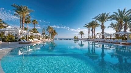 Fototapeta premium Wide perspective shot resort pool with sparkling water reflections, comfortable loungers, tropical landscaping. Ideal for destination promotion, hotel branding, leisure lifestyle content