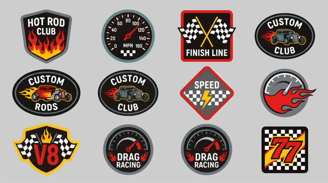 Flat Vector Icon Set for Hot Rod and Drag Racing Culture, Featuring Speedometers, Hot Rod Cars, Flames, Checkered Flags, and Number 77, Graphic Resources for Automotive Themes
