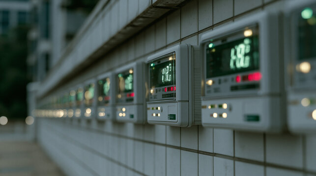 Hundreds of smart electricity meters embedded in an apartment building facade, each glowing with real-time consumption data in green and red digits, automated demand response