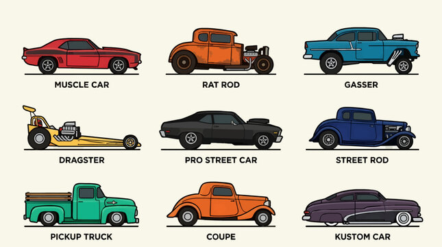 Flat Vector Icons of Nine Classic American Cars: Muscle, Rat Rod, Gasser, Dragster, Pro Street, Street Rod, Pickup Truck, Coupe, and Kustom