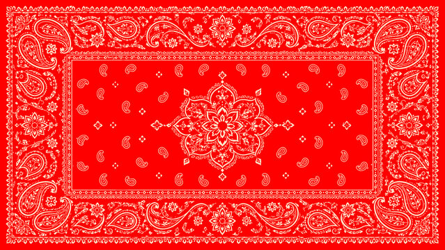 Classic red paisley bandana pattern with intricate white ornamental floral elements, symmetrical vintage western design, seamless decorative textile print, high detail vector style background.