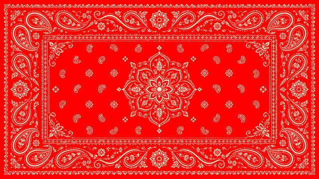 Classic red paisley bandana pattern with intricate white ornamental floral elements, symmetrical vintage western design, seamless decorative textile print, high detail vector style background.