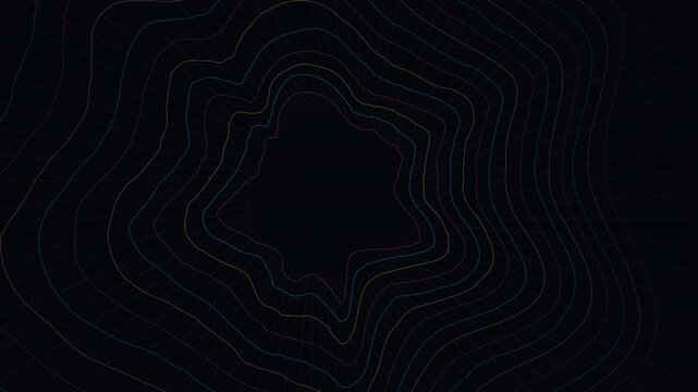 An intricate neon lattice structure continuously rotates and shifts in a seamless geometric loop against a dark backdrop, perfect for modern digital displays and futuristic presentations.
