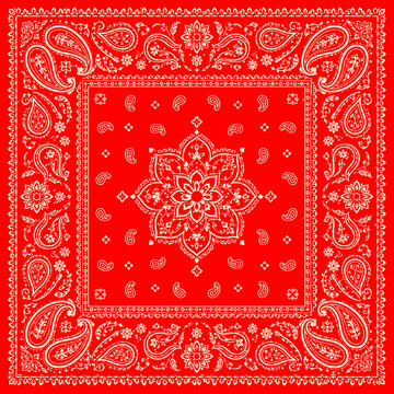 Classic red paisley bandana pattern with intricate white ornamental floral elements, symmetrical vintage western design, seamless decorative textile print, high detail vector style background.