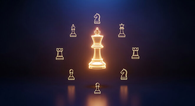 Glowing King Chess Piece Surrounded by Pieces in Dark Background