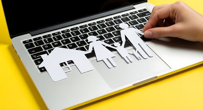 Hand placing paper family and house cutouts on a laptop keyboard for home insurance and financial planning