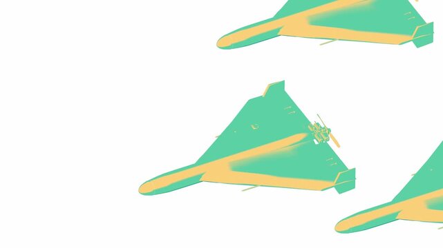 Military kamikaze  drones fly in formation on an isolated white background in a flat shaded 3D animation vector style design