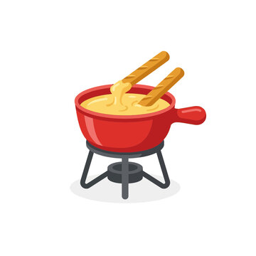 Melted cheese fondue in red pot with bread sticks vector illustration