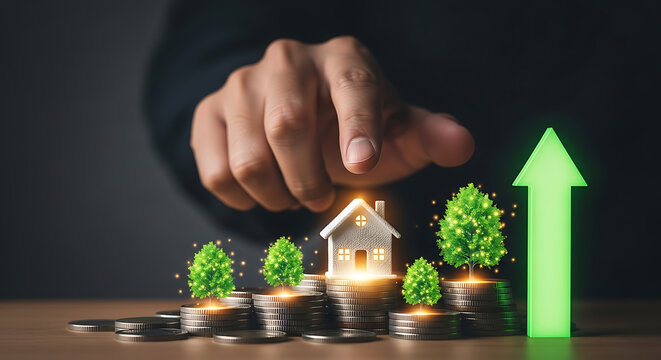 Hand touching a miniature house on coins with a green growth arrow