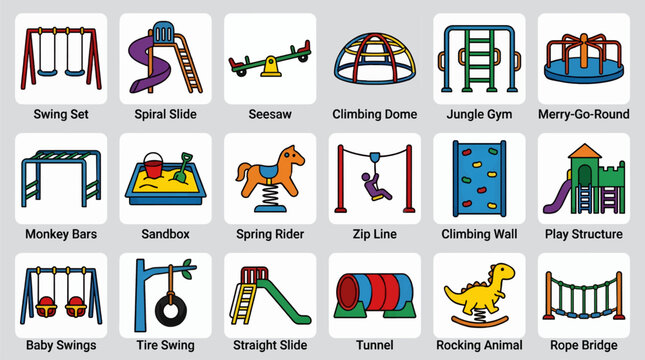 Set of 18 Flat Vector Icons for Playground Equipment, Including Swings, Slides, Sandbox, and Climbing Structures, Clean Design with Bold Outlines and Bright Colors