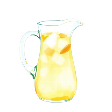 Glass pitcher of lemonade with ice cubes isolated on black