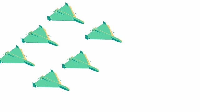 Military  drones fly in a v-shaped formation across a clean white background in a stylized 3D render artwork