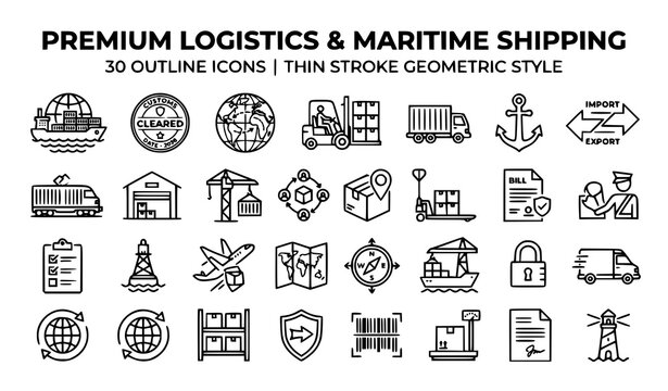 International trading and global logistics linear icons set maritime shipping cargo symbols vector