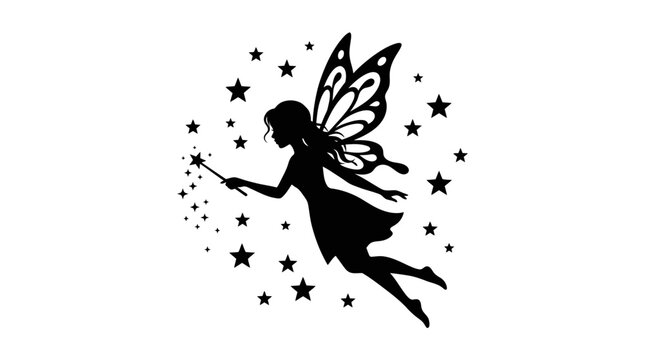Fairy Silhouette With Stars And Wand Black On White Background