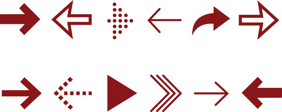 Set of various red arrows and direction pointers for digital interface design and web navigation elements
