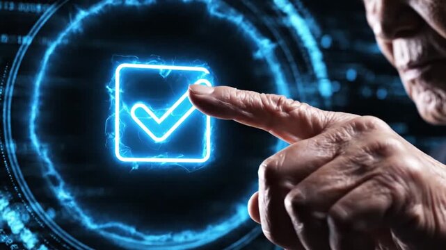 Digital checkmark icon in glowing circle touched by hand for verification.