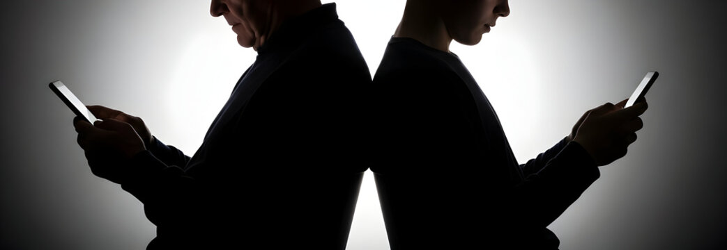 Silhouetted Man and Woman Interacting with Smartphones Against a Dark Background Indicating Modern Communication and Technology Isolation