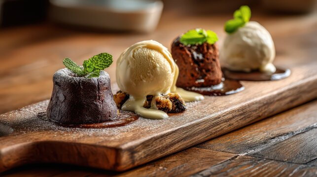 Trio of mini molten chocolate cakes with vanilla scoops and mint garnish on wooden platter for world chocolate day dessert menu and background