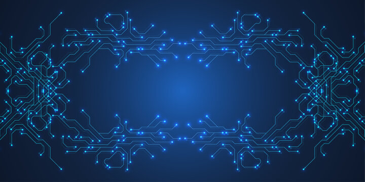 Motherboard digital abstract background. AI circuit board technology texture design. Semiconductor and computer processor on tech banner template concept. Vector illustration