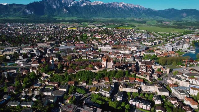 Aerial view around the old town of the city Thun, switzerland on a sunny spring morning