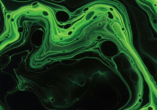 Abstract green fluid swirls on dark background