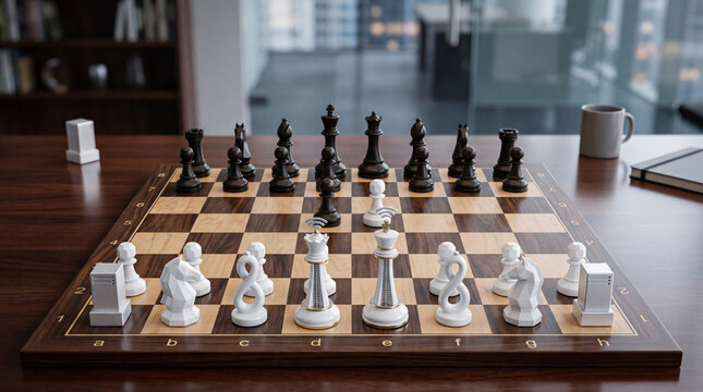 Strategic IT management concept with traditional black chess pieces playing against modern white tech figures on a wooden board