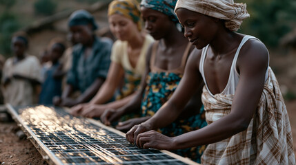 Fototapeta premium Multicultural group of women in a rural sub-Saharan village assembling micro-solar charging stations together, bright fabric wraps contrasting with bare red soil, children