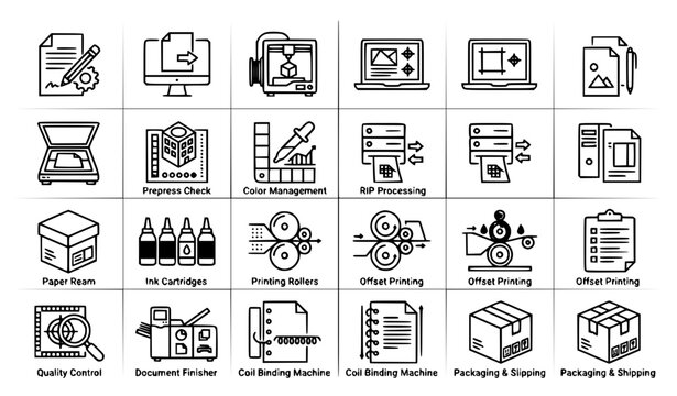 Commercial Printing and Document Production Line Icon Set featuring Prepress Check, Offset Printing, Ink Cartridges, Binding Machine, and Packaging Services for Corporate Branding Layouts