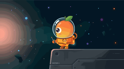 Cute Mango Astronaut Character in Space Suit Standing on Metallic Platform, Enormous Eyes Looking at Glowing Galaxy, Flat Vector Illustration of Funny Fruit Explorer in Deep Space with Copy Space © Rafasyastudio