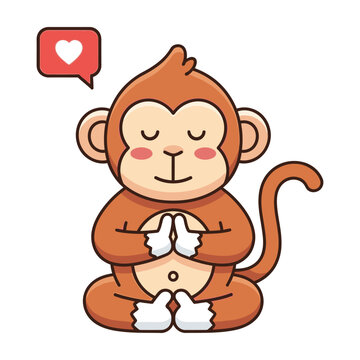 Meditating monkey in yoga pose with heart symbol